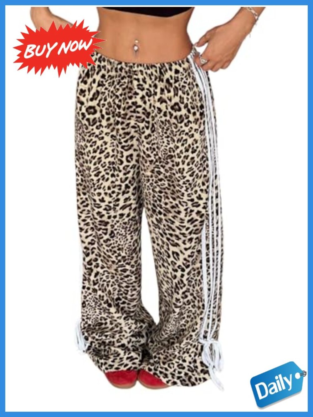 Leopard Print Wide Leg Cargo Pants Pull On Loose Fit Casual Streetwear